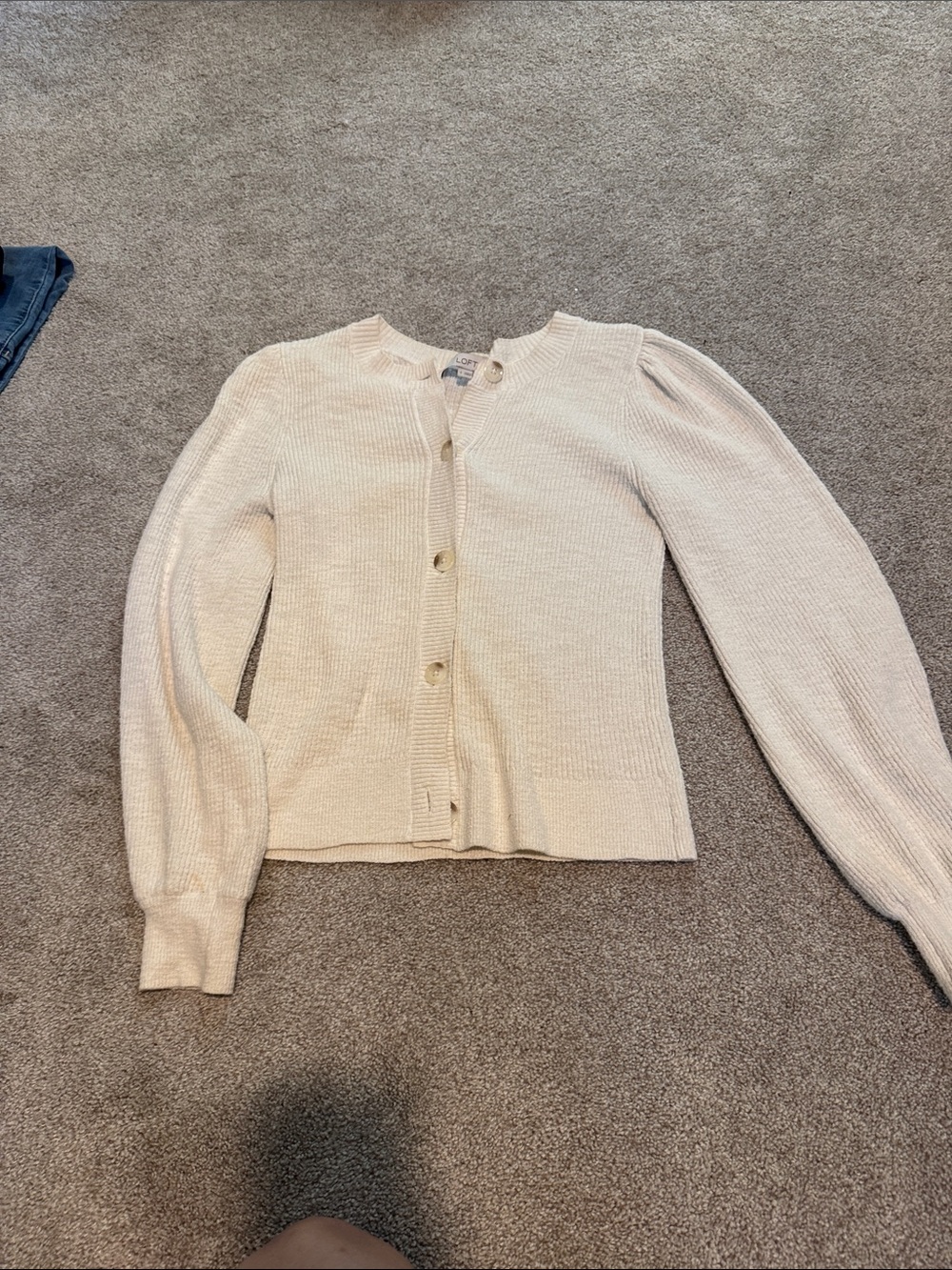 LOFT Cream Button-Front Puff Sleeve Cardigan